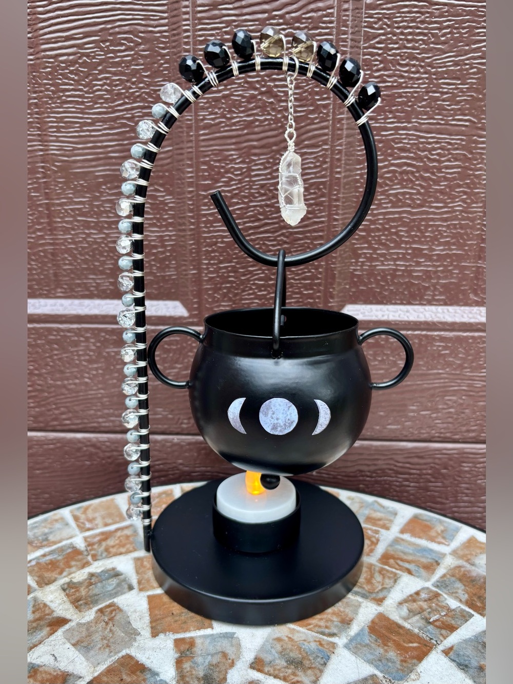 🌚🕯️Moon Phase Clear Quartz Faux Cauldron Jewelry Holder